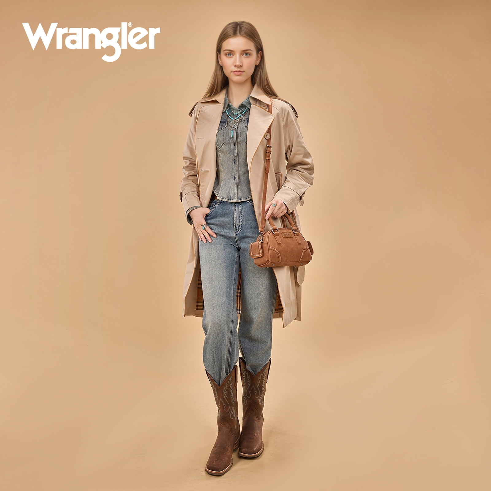 Wrangler Small Crossbody Purses for Women Boston Barrel Bag Mini Top Handle Bags with Crossbody Strap, Brown