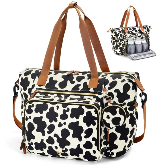 Diaper Bag Tote, Large Baby Hospital Bag for Labor Delivery Mom Travel Diaper Tote with Changing Pad, Pacifier Case, Insulated Pockets, Luggage Sleeve, Shoulder Strap, Cow Print