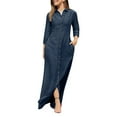 thumbnail image 1 of Vestido informal de mujer, de denim liso, con cuello en V, manga larga, botones y bolsillos, de poliéster, 1 of 8