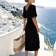 thumbnail image 6 of Axiiglly Black Midi Dresses for Women V Neck Short Sleeve Ruched Wrap Slim Beach Vacation Sundresses with Pockets L, 6 of 6