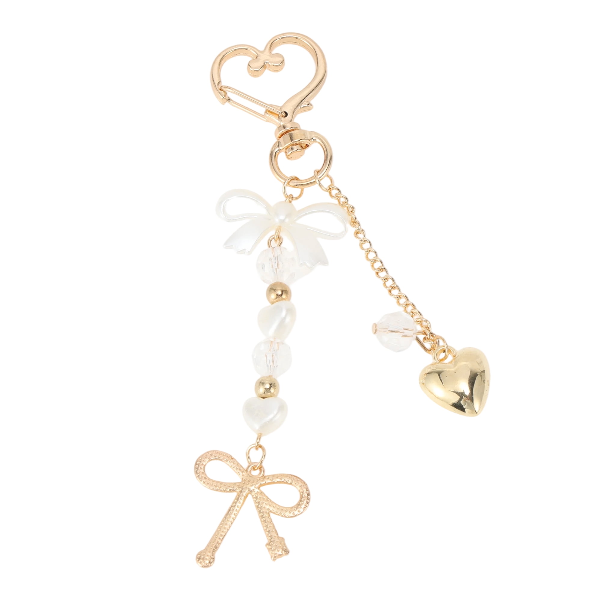 Unique Bargains Heart Bow Handbag Charm Keychain 1 Pc for Bags Gold Tone, Beige