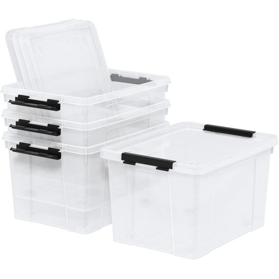 22 Quart Stackable Plastic Storage Bins with Lids and Latching Buckles, 4 Pack Tubs Boxes Organizing, Clear