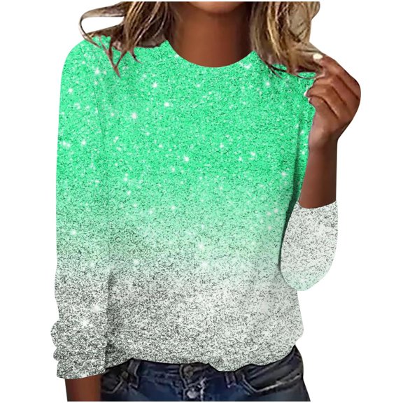 GA WEIHUA Womens Gradient T Shirts Sparkle Glitter Printed Tops Casual Long Sleeve Blouse Round Neck Trendy Tunic Tops Basic Tees Blouses Loose Fit Business Work Tee Top(Multicolor,XL)