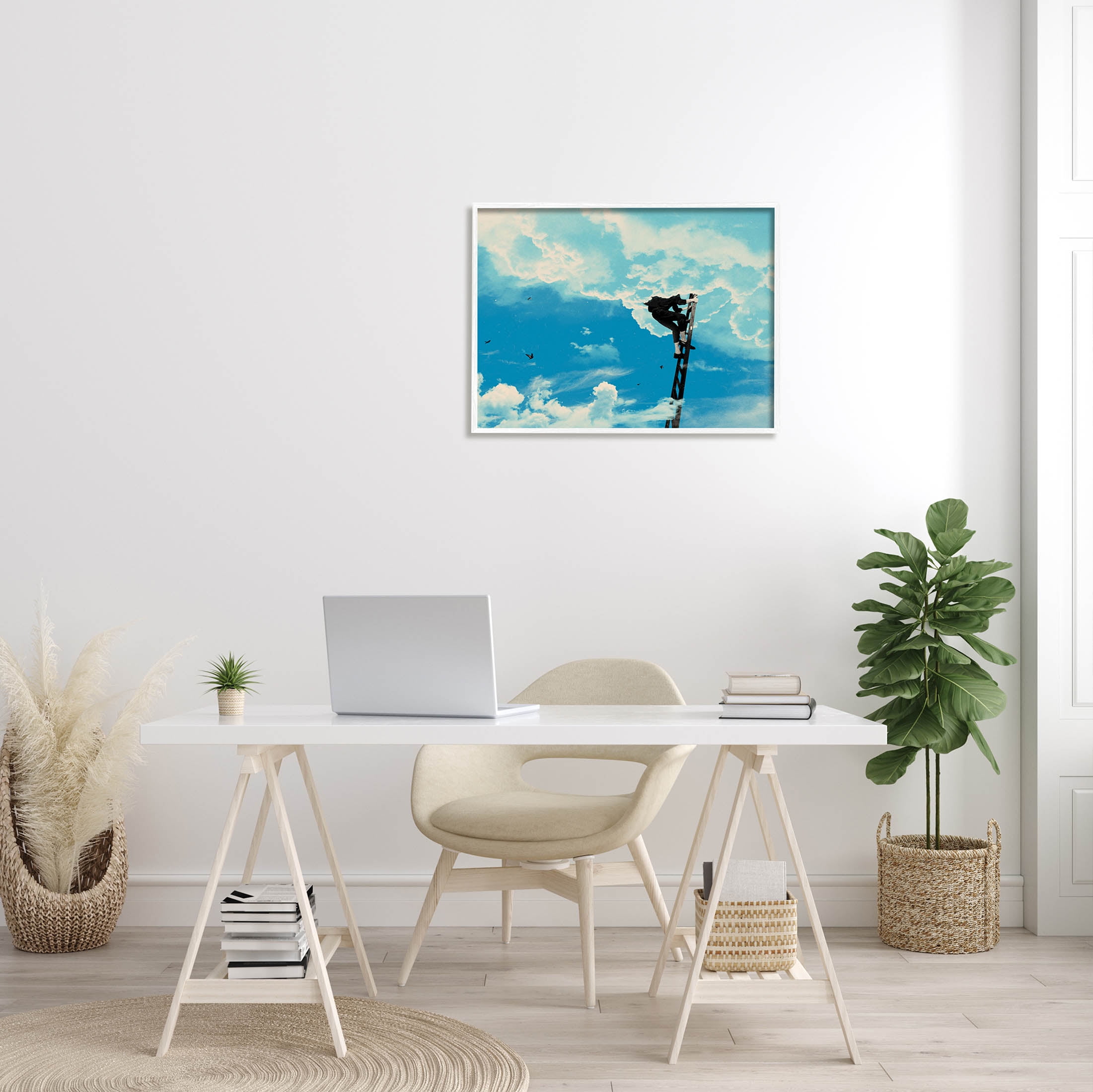 Stupell Industries Climbing Ladder Into Clouds Concept Graphic Art White Framed Art Print Wall Art, Design by Matheus Lopes Castro