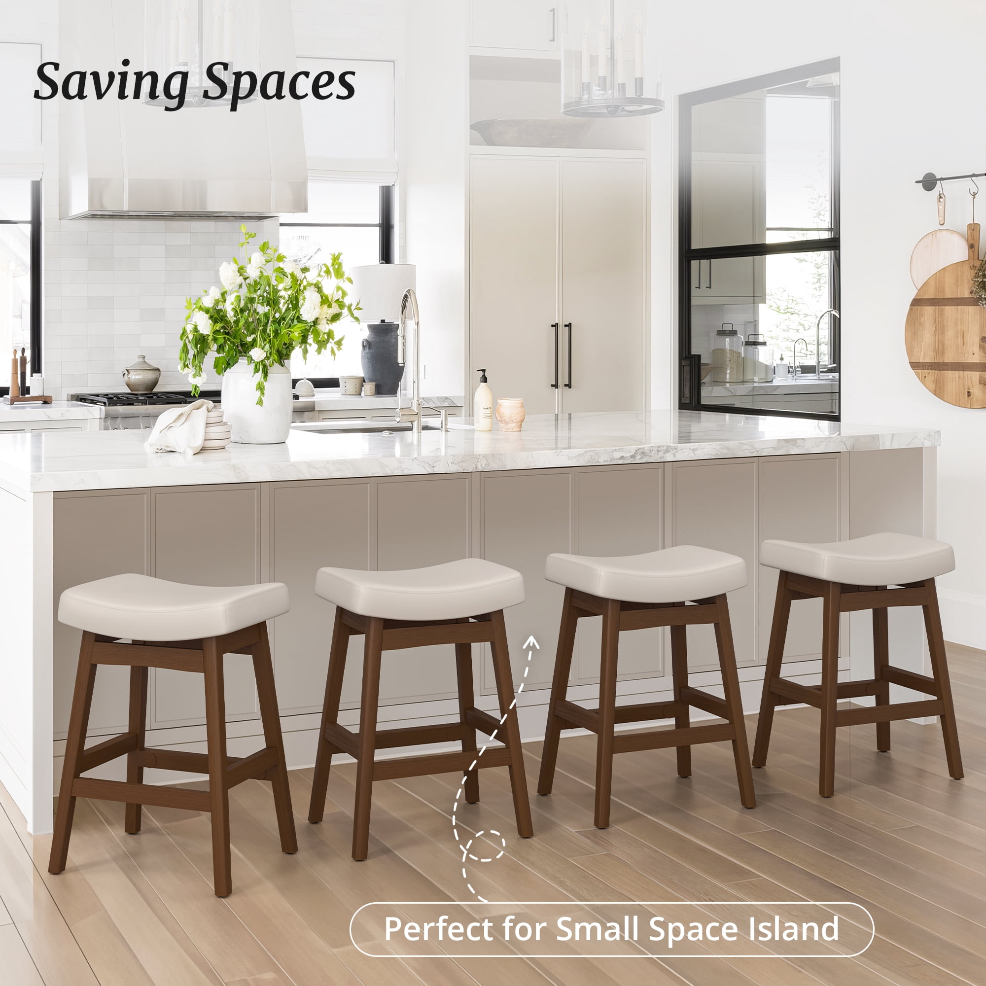 Dycanpo Saddle Seat Counter Height Bar Stools Set of 3 for Kitchen, Dining, 24in, Antique White-Faux Leather