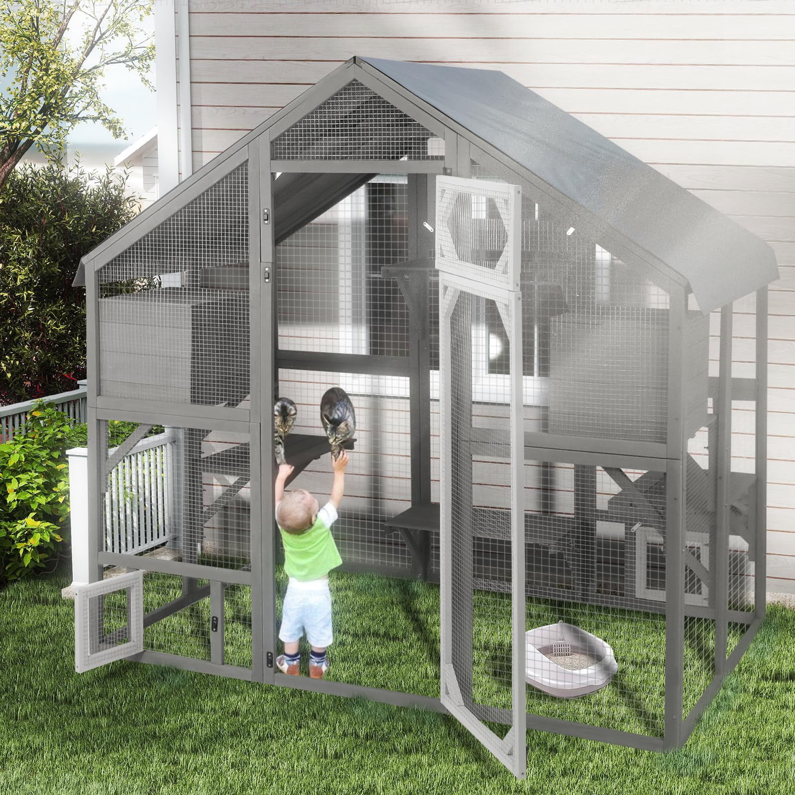 Gowoodhut 69.9" L Catio Outdoor Cat Enclosure for Multiple Cats，Wooden Walk in Cats Shelter Kitty Enclosure