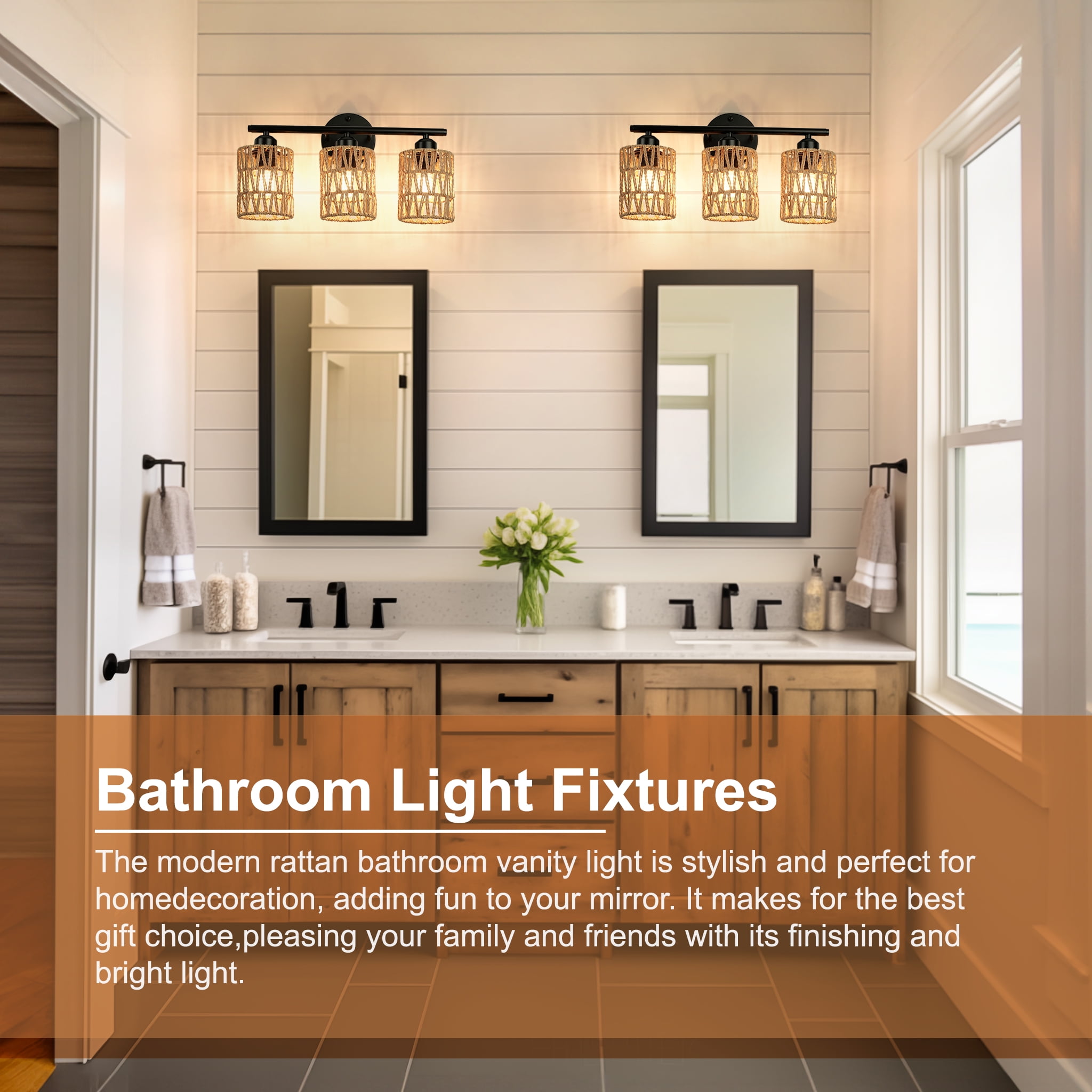 FRIDEKO HOME 3-Light Bathroom Light Fixtures Vanity Lights Over Mirror, 17" Boho Wall Sconces with Woven Lampshade, Farmhouse Black Wall Lamp for Farmhouse Living Room Bedroom (Without Bulb)