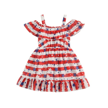 

Karuedoo 4th of July Toddler Baby Girl Stars Stripe Print Ruffle Sling Summer Sleeveless Princess Dress Red 2-3 Years