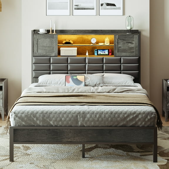 HOOBRO Queen Size Bed Frame, Industrial Style with Charging Station and LED Lights, Upholstered Platform Bed with Side Cabinets, Noiseless, No Box Springs Needed, Black BB09UDBF01