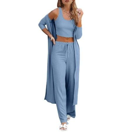 

Sherrylily Fall Women Pajamas 3 Piece Set Crop Vest Top Loose Pants and Cardigan Knitwear Jumpsuit