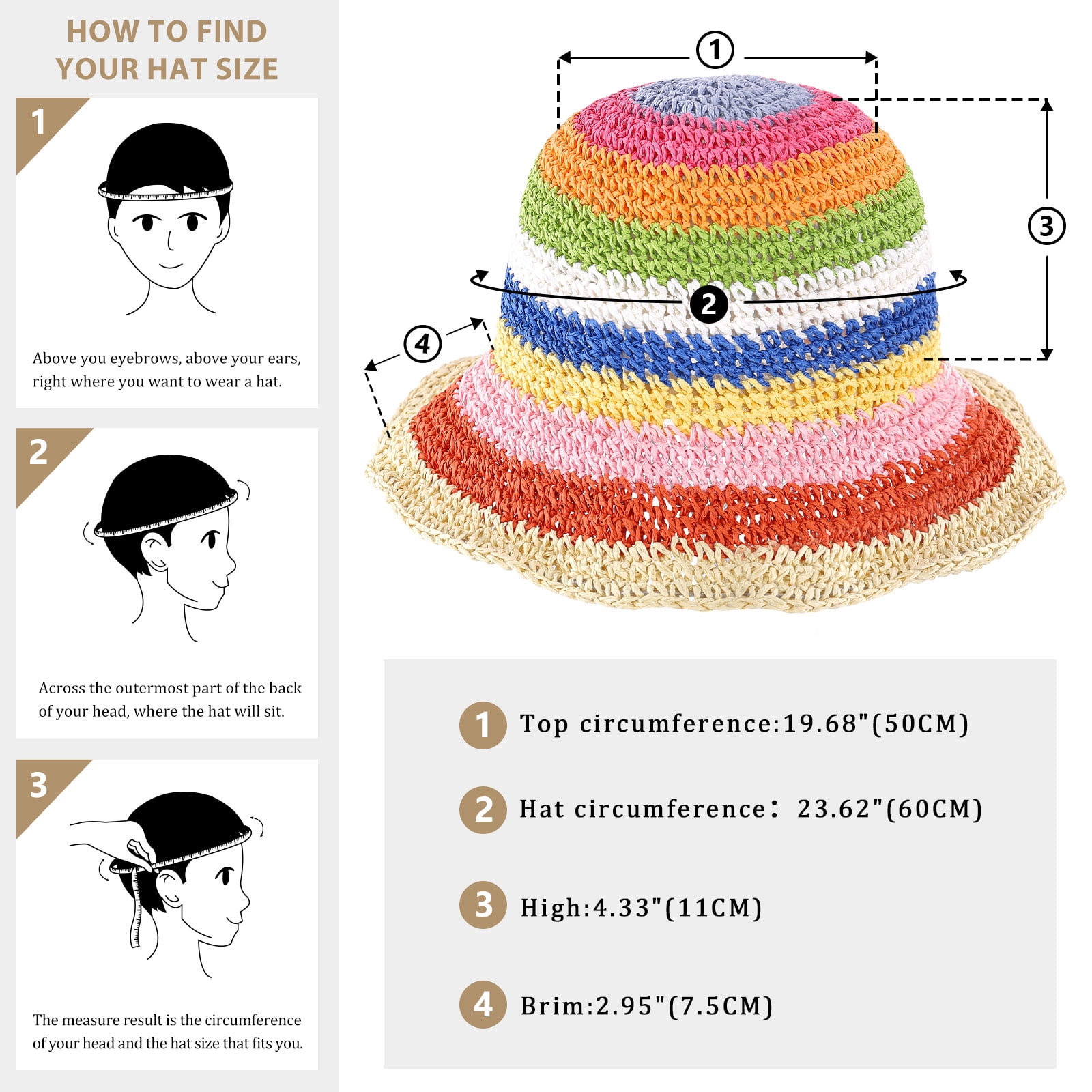 Wowstyle Rainbow Stripe Straw Sun Hat for Women Foldable Wide Brim Crochet Straw Bucket Hat Floppy Hand Woven Fisherman Beach Hat UPF 50+ Beach Travel Pride Accessories , Rainbow