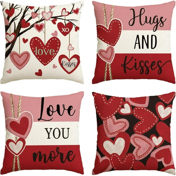 Valentine''s Day Hugs and Kisses Love You More Throw Pillow Covers, 18 x 18 Inch Valentine Heart Stripes Wedding Cushion Case Decoration for Sofa Couch Set of 4