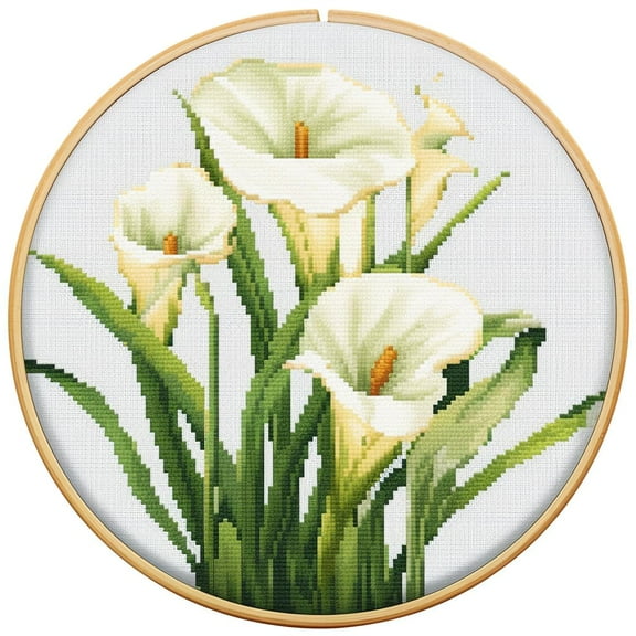Calla Lily DIY Stamped Cross Stitch Kits for Beginners Easy with Hoop 11CT Needlepoint Embroidery Counted Cross Stitch Kits Art Craft Wall Decoration 35x35cm(4)