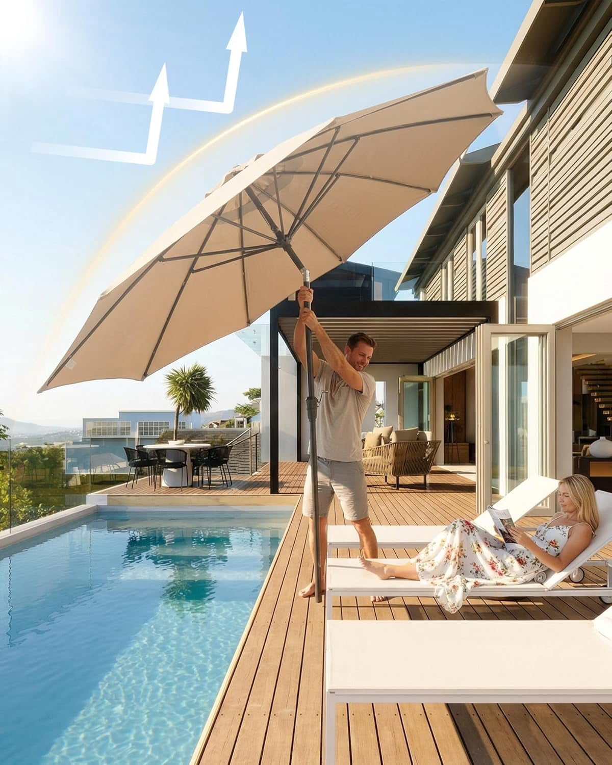 SOLLED 9FT Patio Umbrella with Push Button Tilt & Crank, Outdoor Market Table Umbrella with 8 Ribs for Garden Backyard Deck Pool,Brown