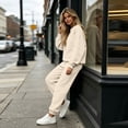 thumbnail image 3 of Women 2 Piece Outfits Fall Sweatsuit Lounge Set | Long Sleeve Drop Shoulder Crewneck Sweatshirt,Wide Leg Sweatpants,Casual Tracksuit,Winter Vacation Travel Outfits Khaki L, 3 of 5