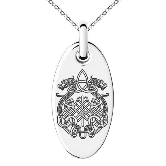 Stainless Steel Dragon Knot Skuld's Net Viking Rune Engraved Small Oval Charm Pendant Necklace
