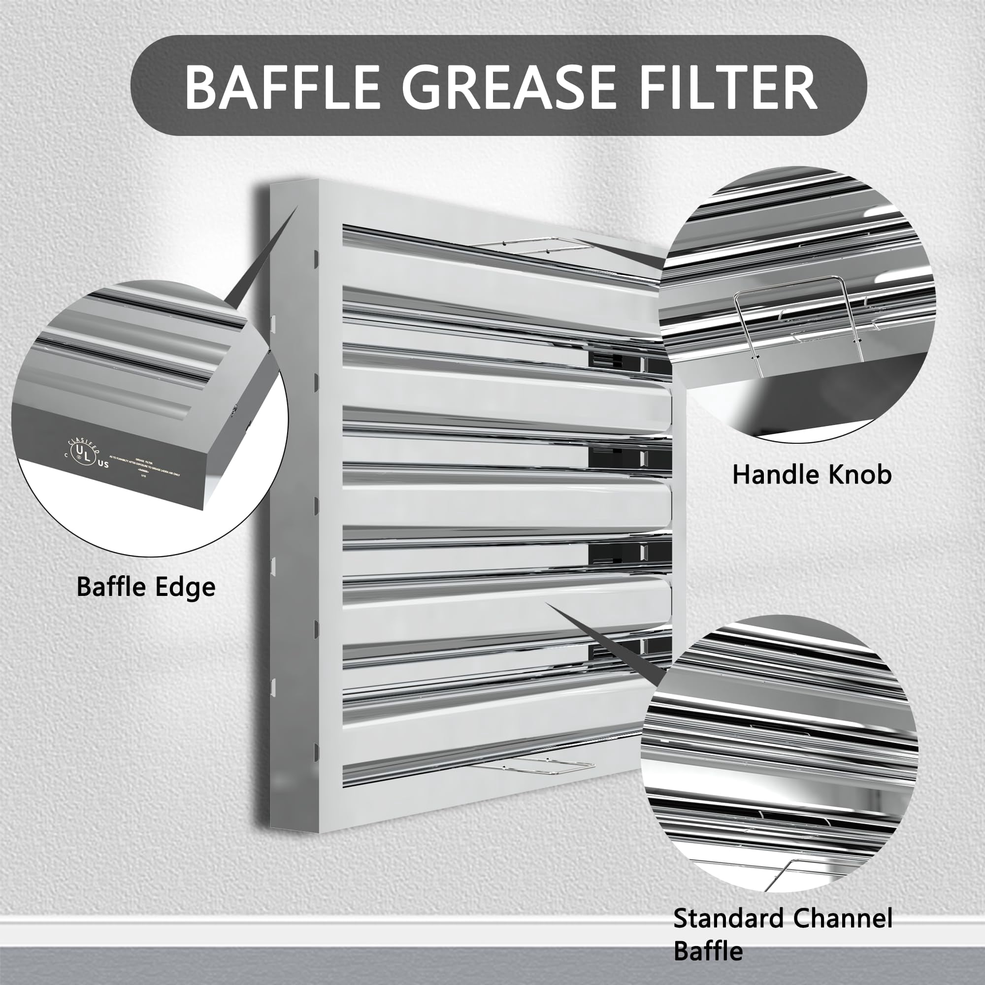 HAN'KITCHEN'LON'S Stainless Steel Commercial Kitchen Hood Filter, UL/NSF Listed, 15.5 W x 19.5 H, 4-Groove Range Hood Filters (5-Pack) for Restaurant Exhaust Hoods
