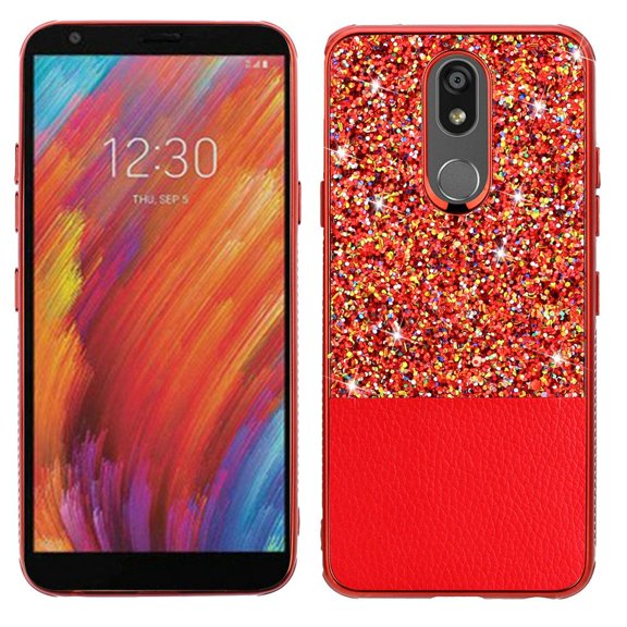 For Lg Aristo 4 Plus Escape Plus Tribute Royal Pu Leather Glitter Hybrid With Chrome Tpu - Red