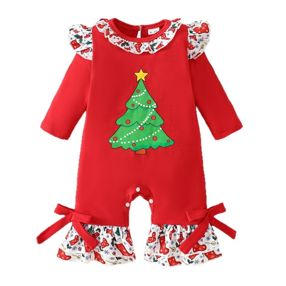 FYDUU Baby Girl Christmas Outfit Cute Santa Print Long Sleeve Romper Bell Bottom Jumpsuit Girls First Christmas One-Piece Clothes Soft Onesie Romper 0-3 Months
