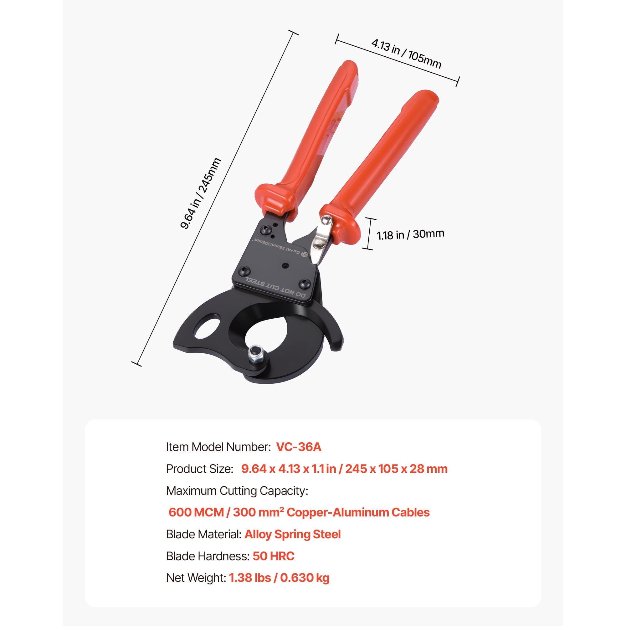 KFFKFF Ratcheting Cable Cutter with Spring Steel Blades, PVC-Coated Handles, Quick-Release Button, Durable Tool for Cutting Copper and Aluminum Cables Up to 600 MCM / 300 mm²