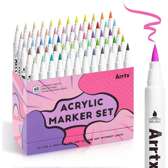 SHIQI-60 Colors Paint Markers Paint Pens, Acrylic Paint Pens for Artists Adults Coloring Drawing Cartoon Anime Comic - Brush Tip for Rock Painting, Wood, Canvas, DIY Crafts Making Art Supplies-60B