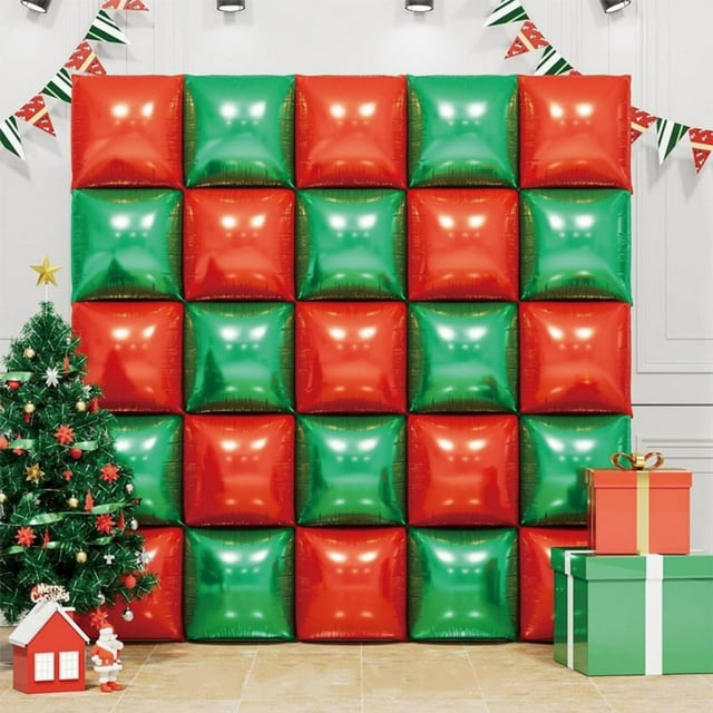 SINGOMON 25 Pcs Ballons Carrés Verts et Rouges Toile de Fond de Ballons en Feuille Carrée de Noël Ballons Rouges Double Face Ballons en Feuille Verts Kit d'Arche de Ballons de Noël Noël en Juillet Déco