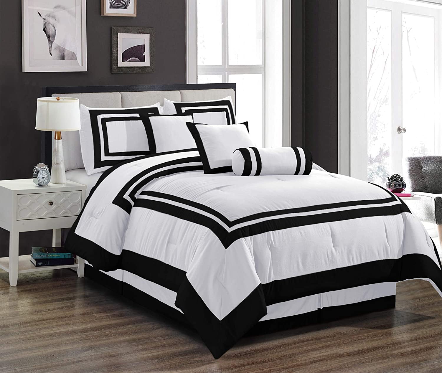 Chezmoi Collection Caprice 7-Piece Black White Square Hotel Style Comforter Set 