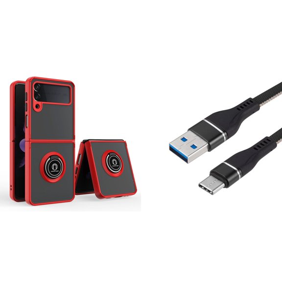 Bemz Accessory Bundle for Samsung Galaxy Z Flip 3: Magnetic Mount Ring Stand Transparent Hybrid Case (Red), Nylon Braided USB-C to USB-A Cable (3 Feet)