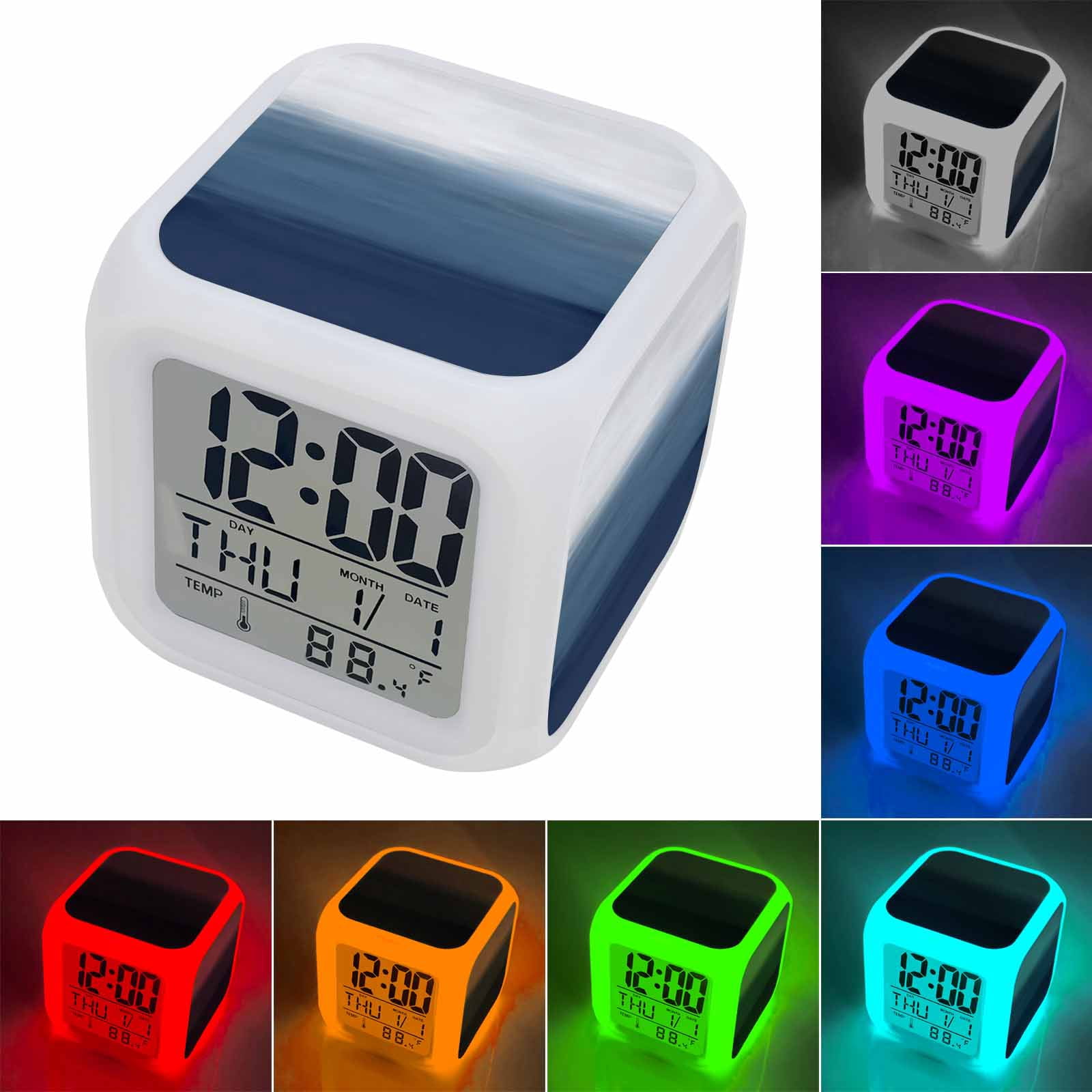 Alarm Clocks Navy Blue Digital Clock 7 Color LED Night Light Silent Non-Ticking Battery Operated Gradient Pure Color Cube Clocks Decorative for Bedroom Bedside Living Room Office School Decor