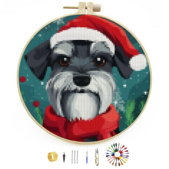 Merry Christmas Schnauzer Dog DIY Stamped Cross Stitch Kits Easy for Beginners with Hoop 11CT Counted Embroidery Needlepoint Crafts Arts for Handmade Enthusiasts and Home Decor 30x30cm(4)