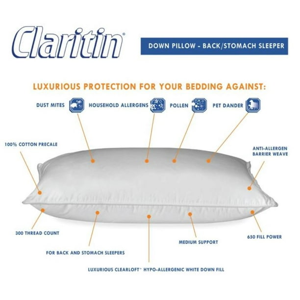 Claritin Ultimate Allergen Barrier White Down ClearLoft Standard/Queen Cotton Side Sleeper