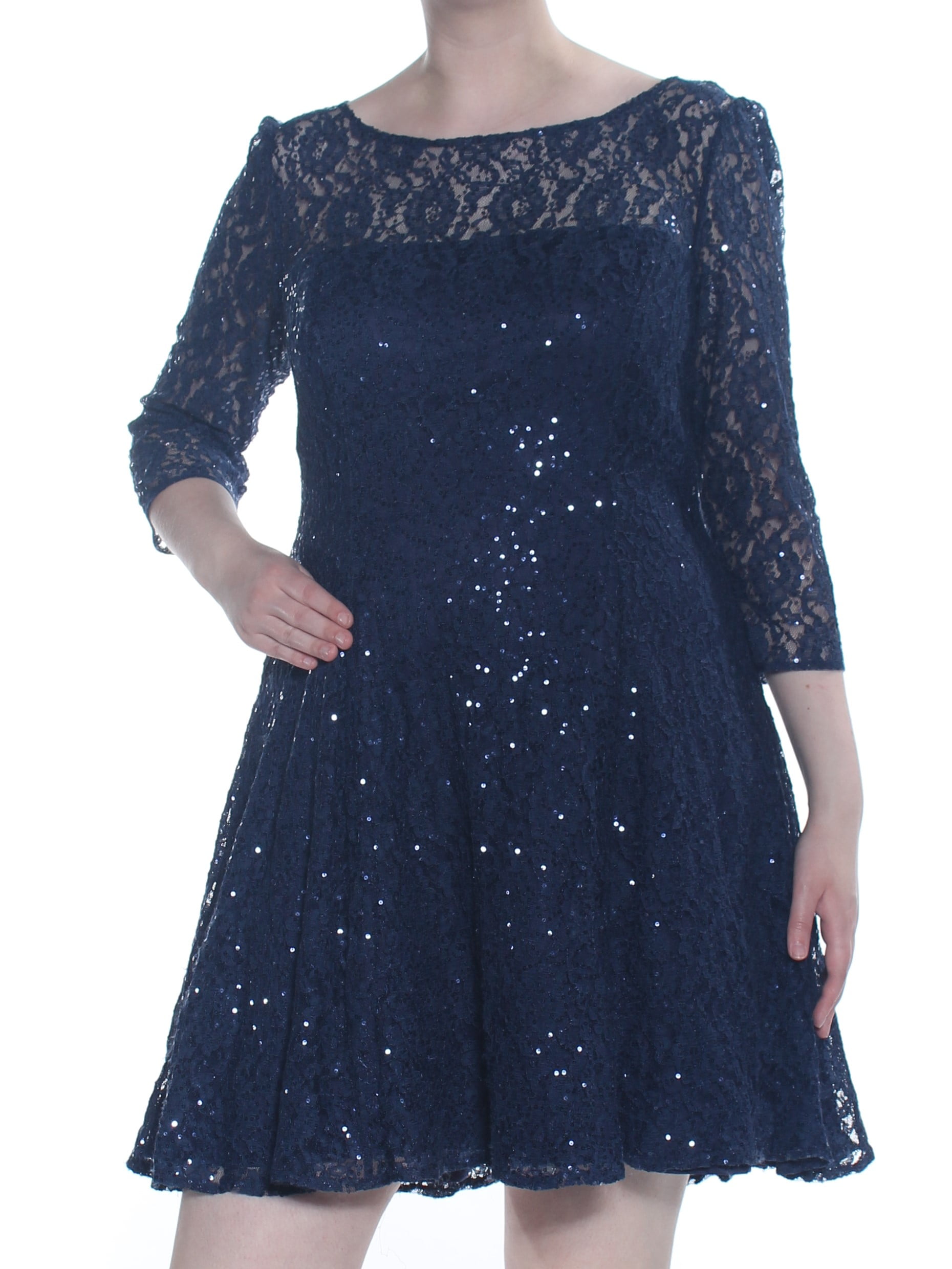 SLNY SLNY Womens Navy Lace Sequined 3/4 Sleeve Mini Cocktail Dress Size 16