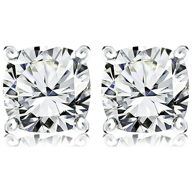Pendientes con Solitario de Moissanita JeenMata Talla Cojín 2 Quilates Baño Oro Blanco 18 K sobre Plata