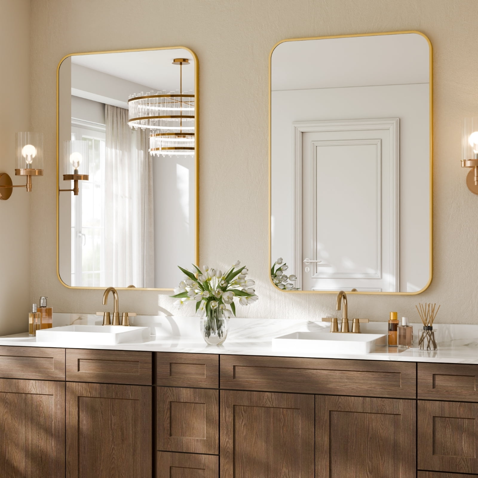 GRAHMCY 24"x36" Bathroom Mirror Wall-Mounted Vanity Mirror with Rectangular Metal Frame, Gold