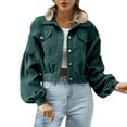 thumbnail image 2 of ZAZYULZ Women Knit Cropped Long Sleeve Corduroy Pockets Thermal Jacket Coat(Green,S), 2 of 9