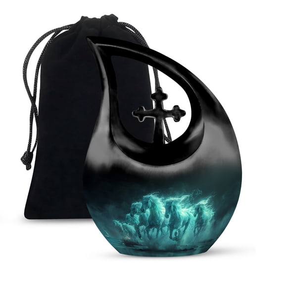 MUKTIVE Horse Cremation Urn for Ashes Adult Mom & Dad - Decorative Large Urns for Ashes Male & Female - Blue Urns for Funeral - Cross Drop Urn for Burial (10 Inch)