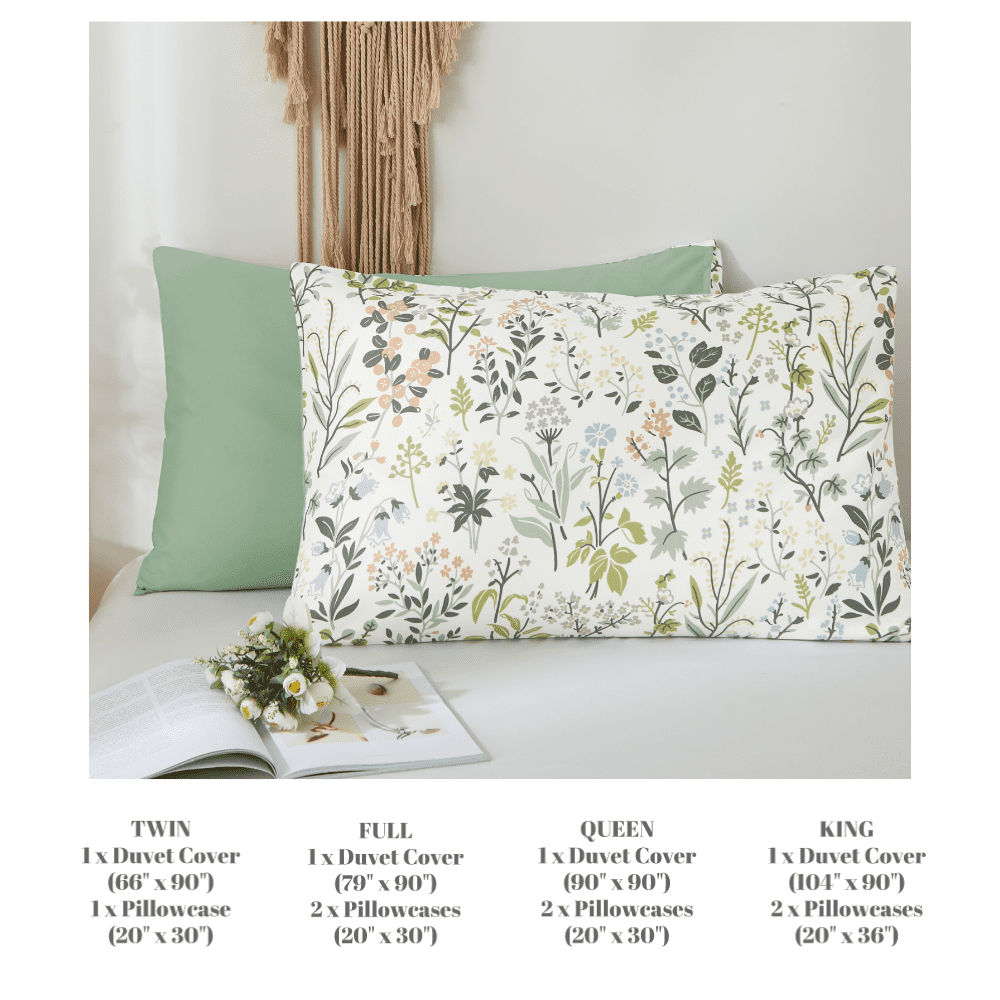 Boho Floral Green Reversible Duvet Cover Green Botanical Bedding Set with Colorful Flower Print Pattern Soft Microfiber Comforter Cover