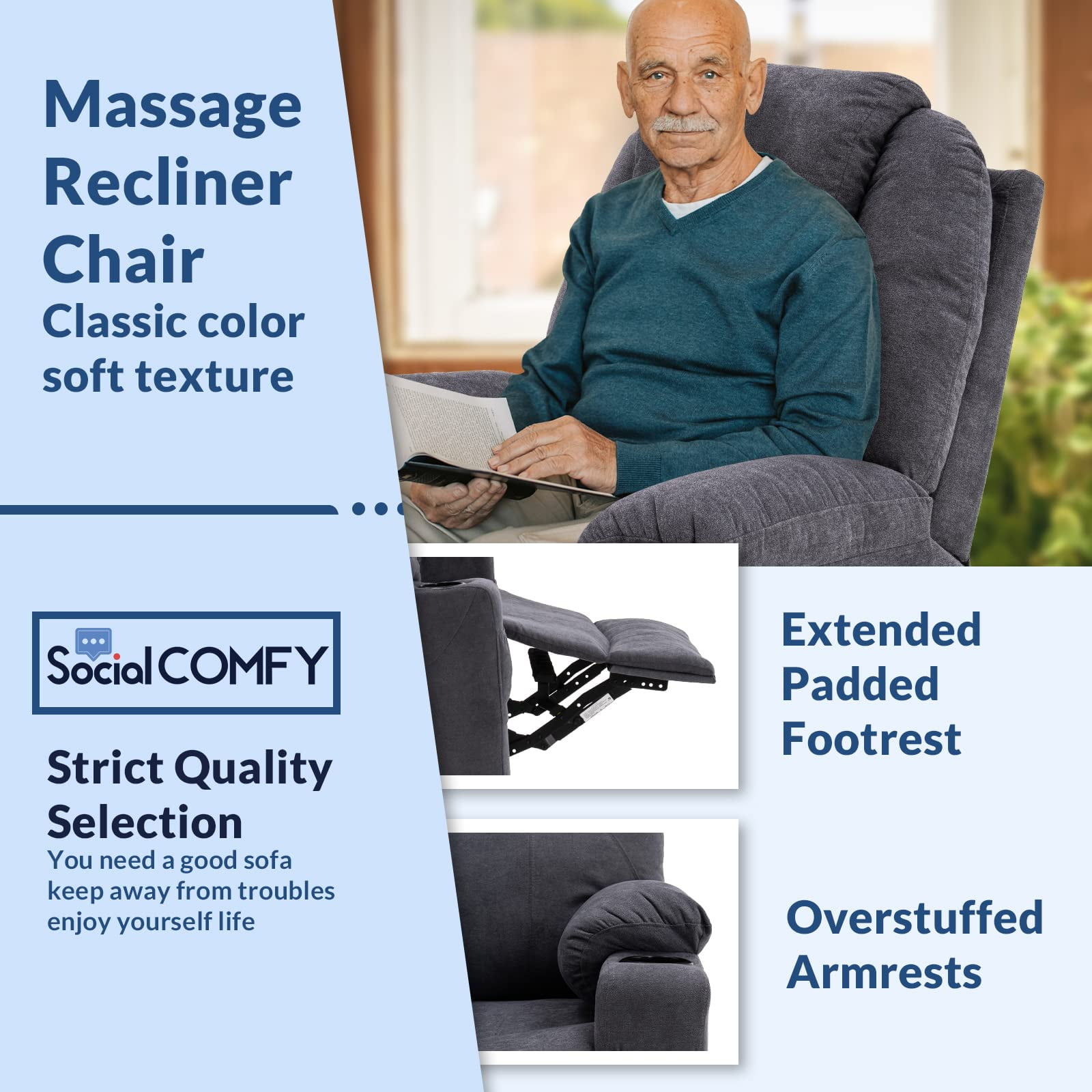 SOCIALCOMFY Manual Swivel Rocker Recliner Chair with Heat & Massage, Grey