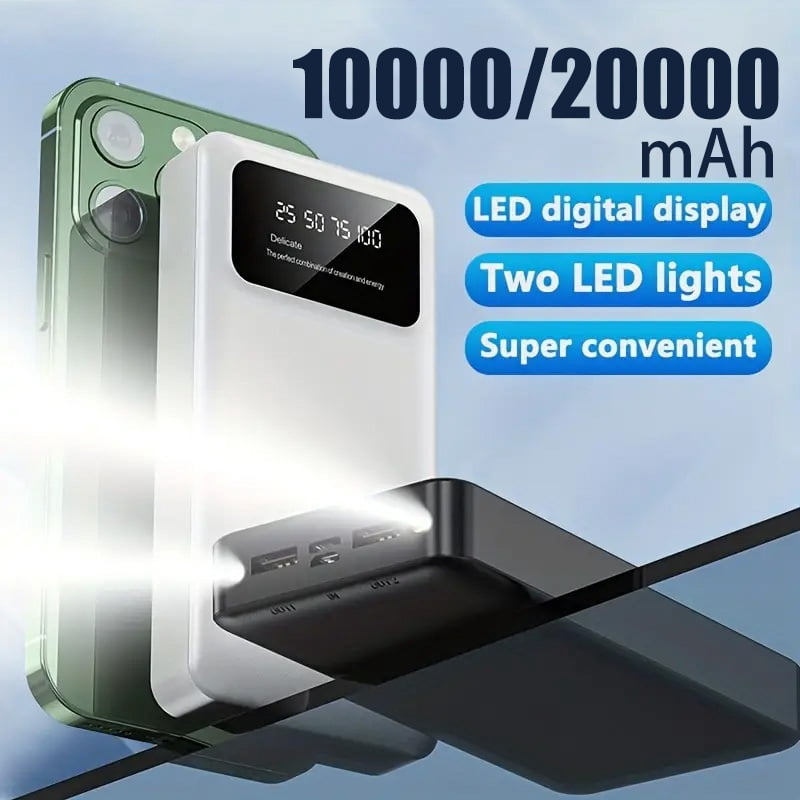 High-Capacity Mobile Power Bank with 10000/20000Mah, Featuring a 5V2.1A Output, Portable USB Charging for Android And Iphone Devices, Dual USB Outputs, Type-C And Micro Inputs, Two LED Flashlights,