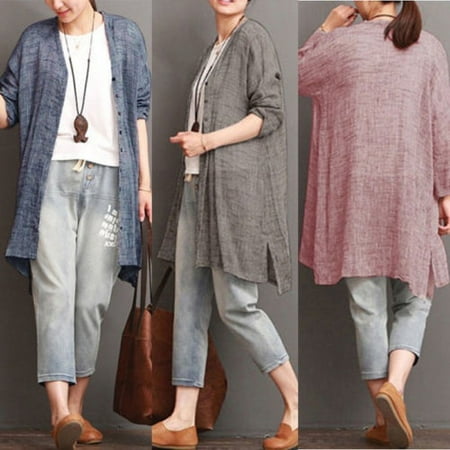 - New Women Long Sleeve Cotton Linen Cardigan Loose Blouse Bohemian blazer Tops