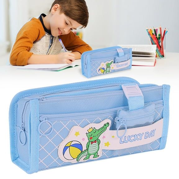 1pc 5-Layer Pencil Case, Large Capacity Pencil Pouch w/Pen Loop Holder, Front Pockets & Detachable Mesh Bag, Holds up to 100 Pens & 20cm Ruler, Stationery Pouch for Classroom, Light Blue/Crocodile
