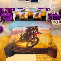 jejeloiu Extreme Sports Motorcycle 7-Piece Bedding Comforter Set,Orange Red King Bedding Sets For Boys Teens Reversible