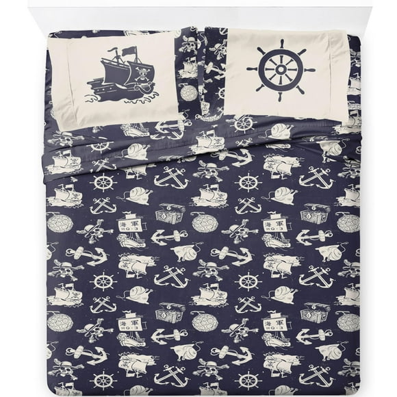 Jay Franco Ensemble de Draps une Pièce Taille Grand - Ensemble de Literie Nautique Anime 4 Pcs Comprend Taie d'Oreiller - Draps en Microfibre Bleue Super Douce