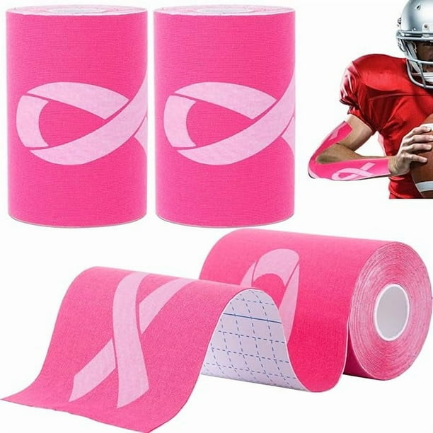 wonima44 32ft 2 Roll 4 Inch Wide Breast Cancer Awareness Football Turf Tape Ultra Sticky Football Turf Tape Pink Ribbon 32 Feet Long, Waterproof Sweat Proof Breathable Athletic Tape(Rose Pink)