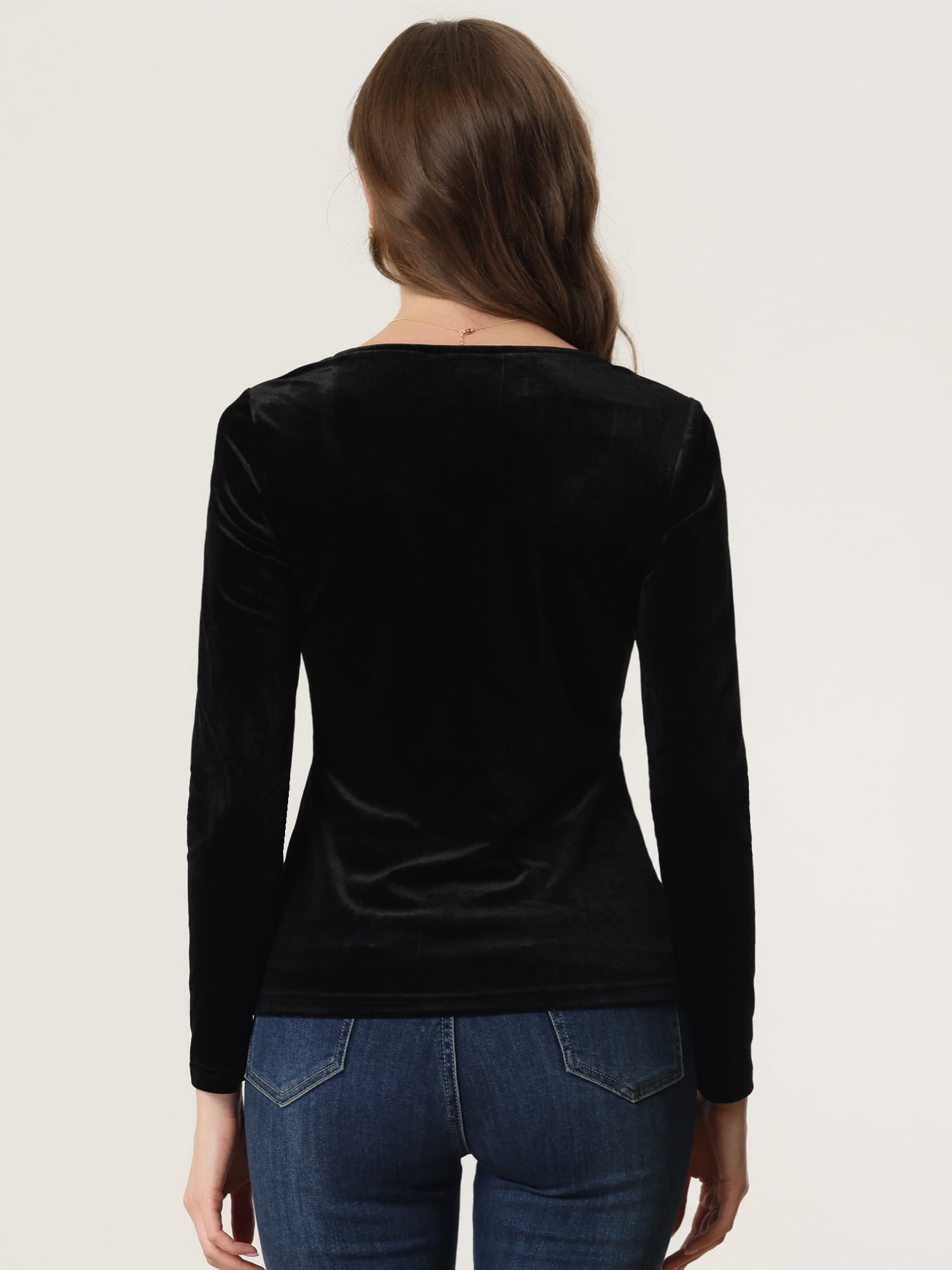DARING DIVA Women's Velvet Sweetheart Neck Long Sleeves T-Shirt XL Black