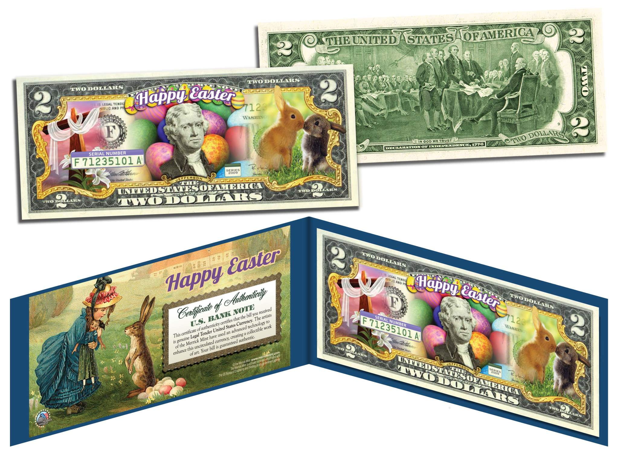 $2 Bill HAPPY EASTER Bunnies Eggs Holiday Colorized Genuine Legal Tender U.S 