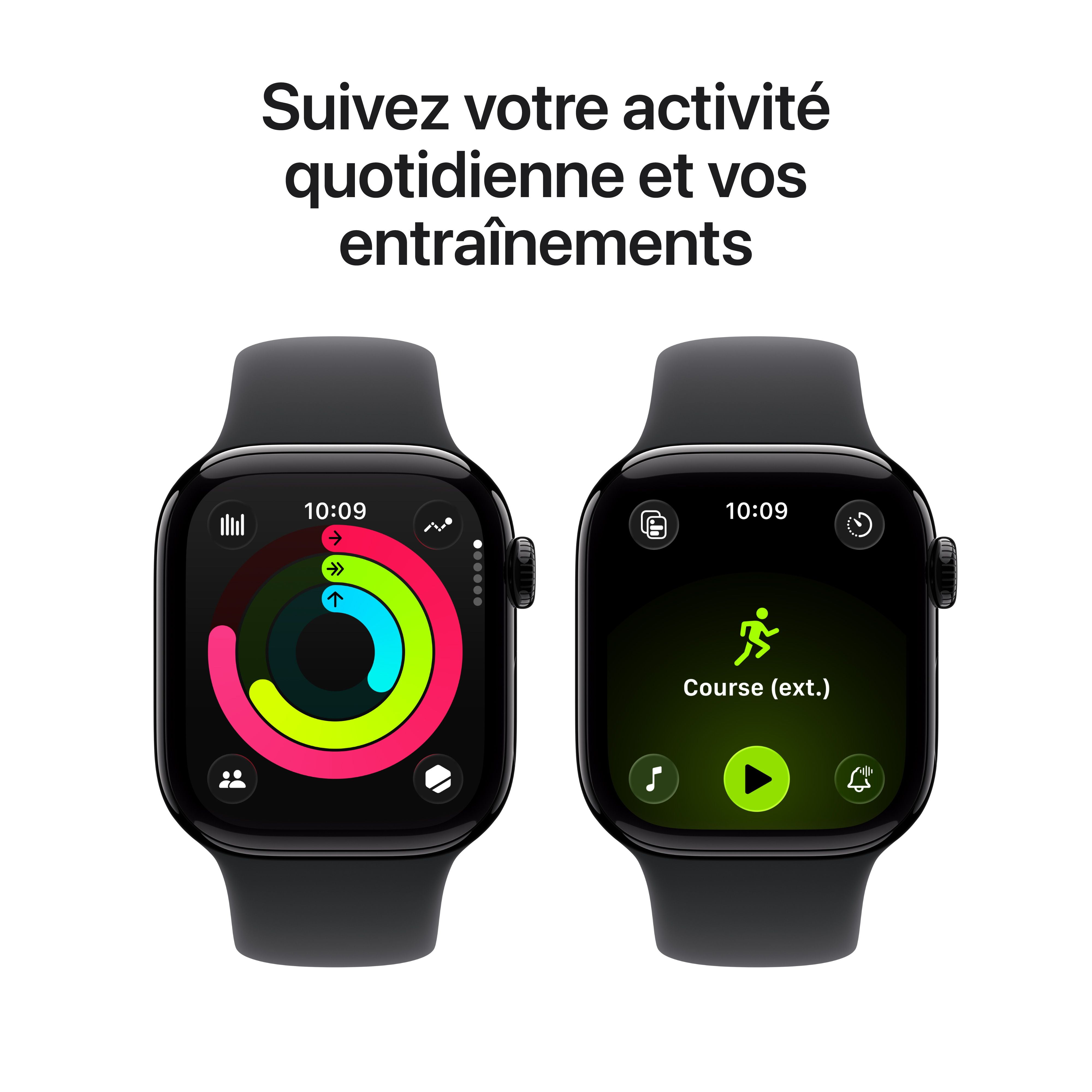 Apple Watch Series 11 GPS - Boîtier 42 mm en aluminium noir de jais - Bracelet sport noir (P/M)