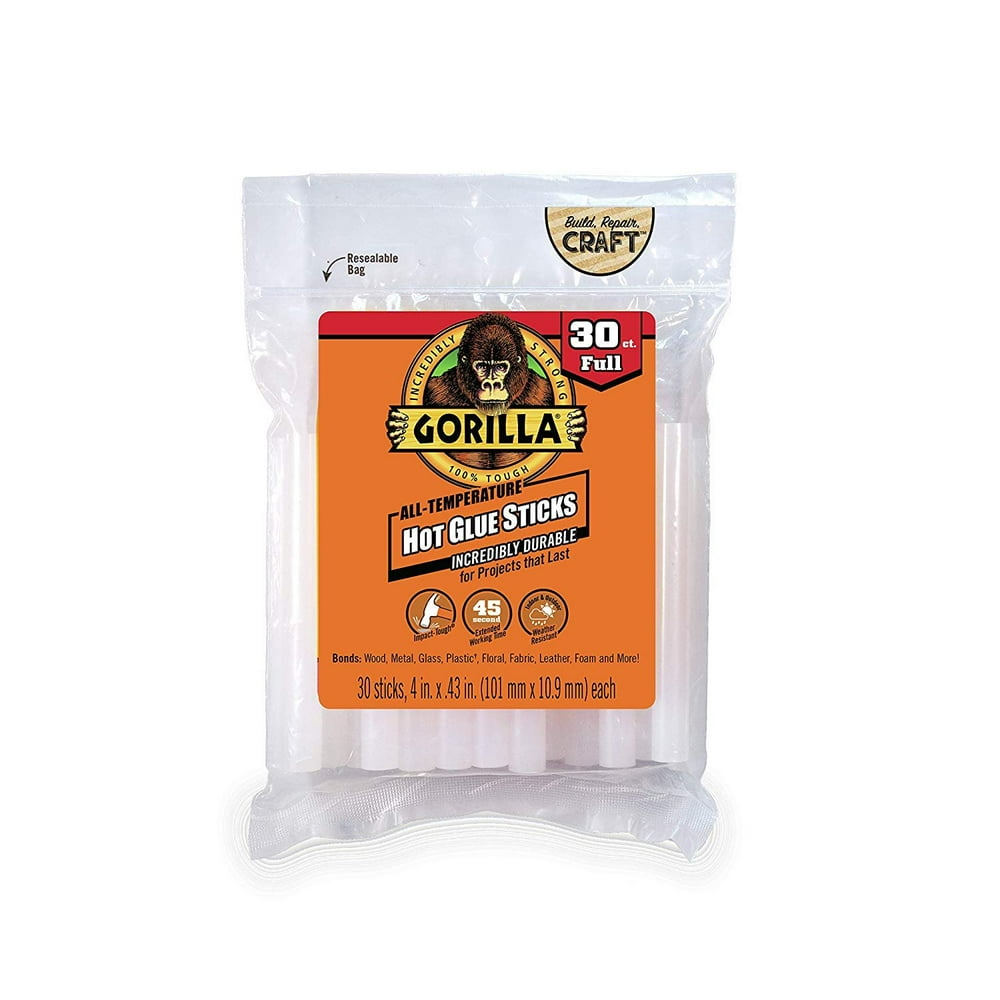 Gorilla Hot Glue Sticks, Full Size, 4" Long x .43" Diameter, 30 Count
