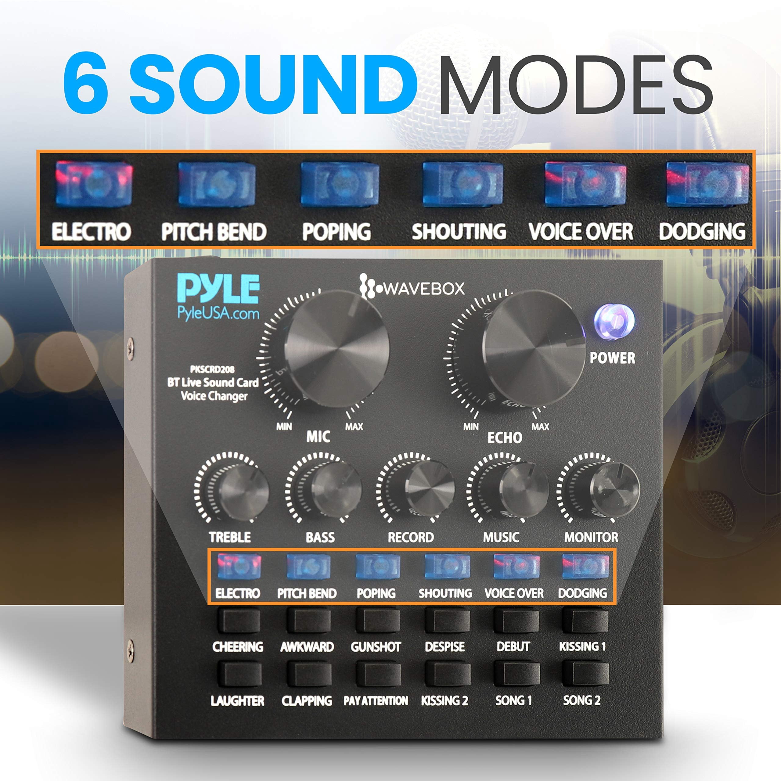 Pyle Bluetooth Mini Audio Podcast Mixer - Live Streaming For PC Computer iPhone Broadcasting Voice Changer V8 Sound Card with 12 Sound Effects,3 Inputs, Mic Input - PKSCRD208.5