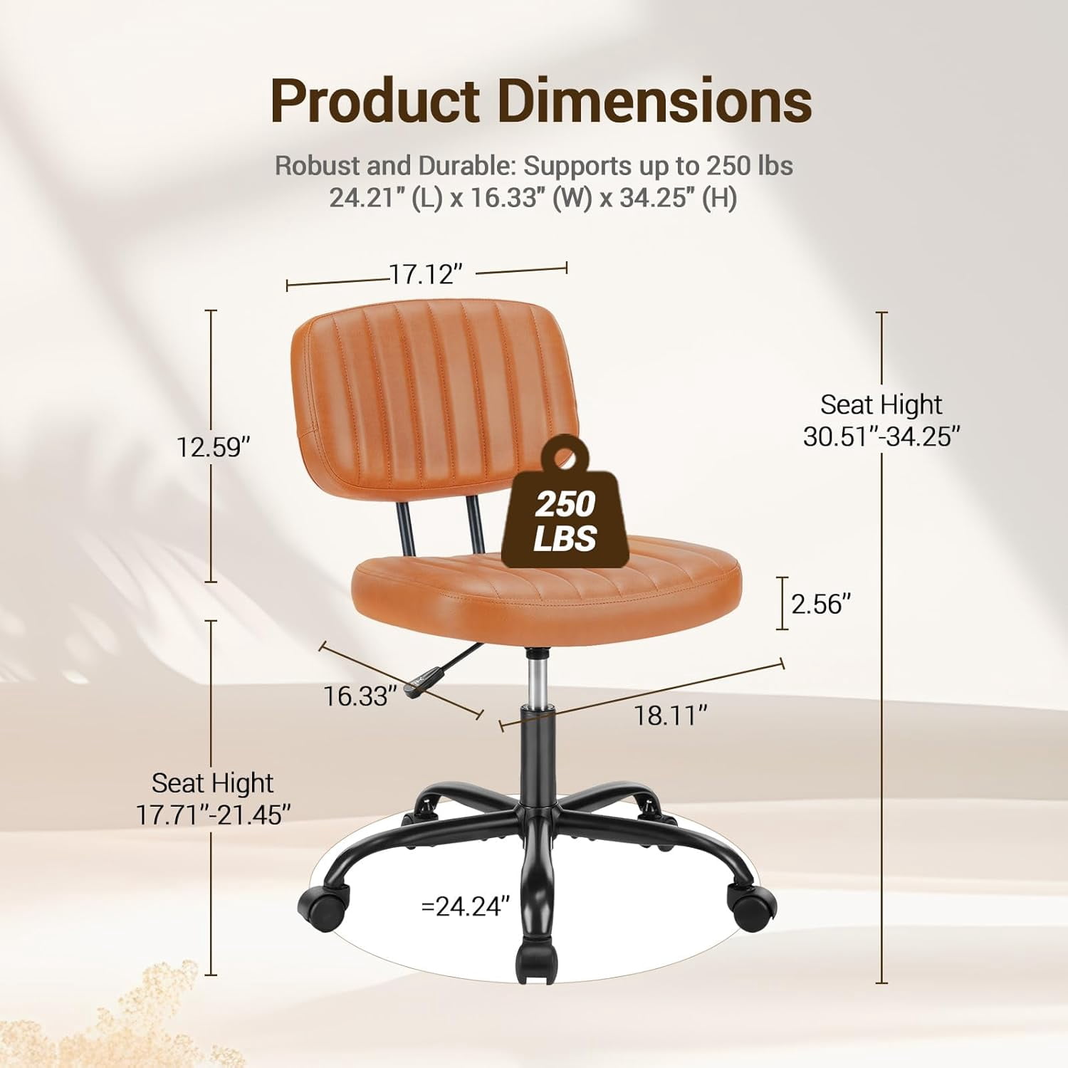 QUIOCOZY Home Office Desk Chair with Low Back and Wheels PU Leather Computer Chair Ergonomic Adjustable Height Comfy Chair Armless with Swivel Rolling Vanity Chairs for Bedroom Adult Brown